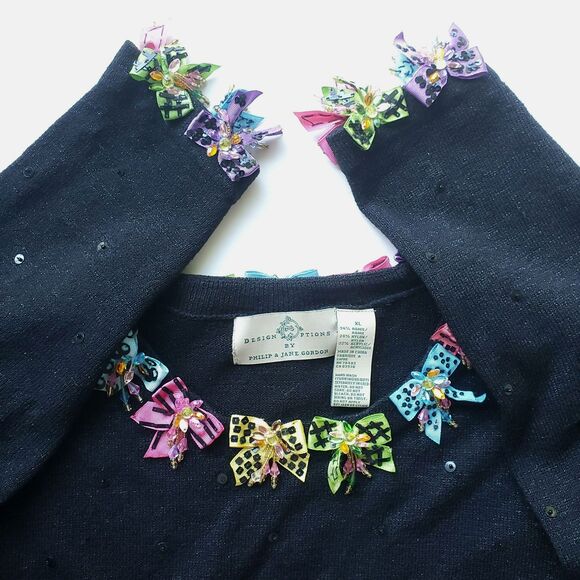 Vintage Design Options By Philip & Jane Gordon Sweater XL Black Pullover Bows - Picture 7 of 16